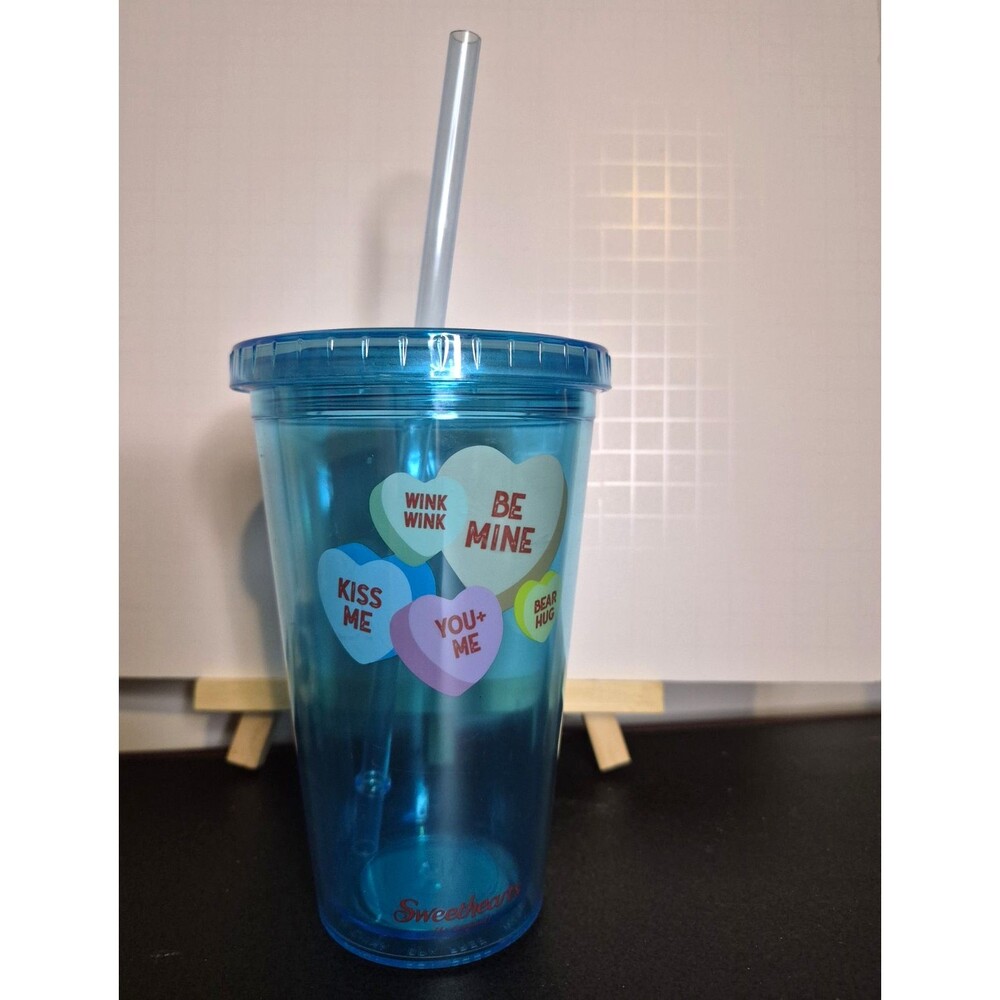 Sweethearts 16 oz Blue Acrylic Tumbler w/ Straw Conversation Hearts Cup